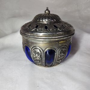 Vintage Silver and Blue Decorative Jar
